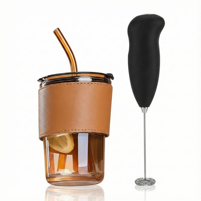 Glass Coffee Tumbler with Straw & Electric Milk Frother – Coffee Combo Set