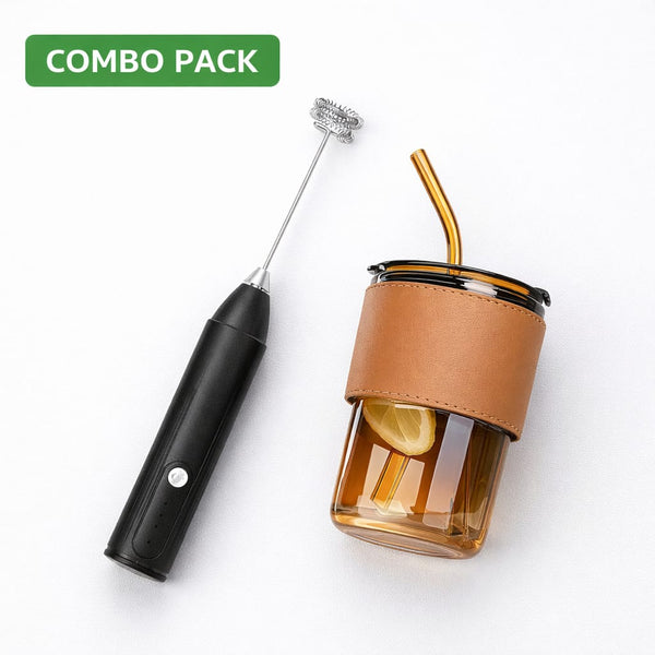 Rechargeable Milk Frother & Glass Coffee Tumbler Combo – Portable Coffee Set
