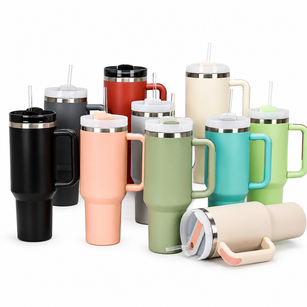 Insulated Travel Mug with Handle & Straw – Stainless Steel Tumbler