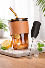Glass Coffee Tumbler with Straw & Electric Milk Frother – Coffee Combo Set