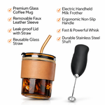 Glass Coffee Tumbler with Straw & Electric Milk Frother – Coffee Combo Set